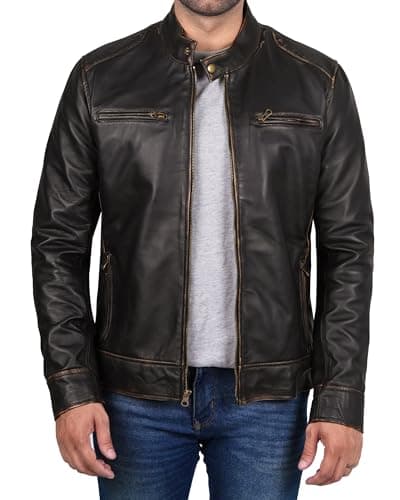 Decrum Mens Cafe Racer Style Real Lambskin Leather Jacket