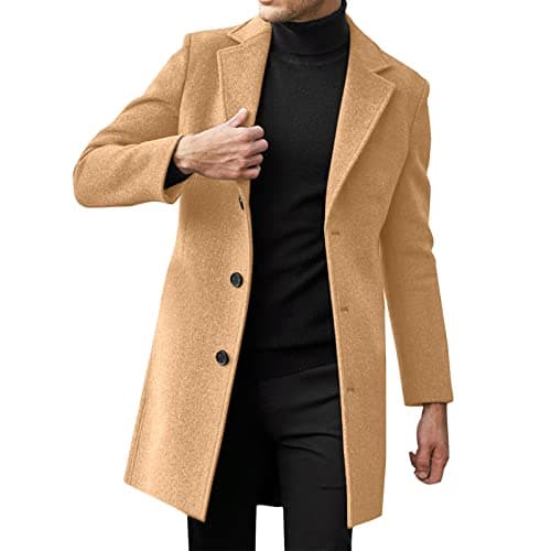 PETCDIM Men's Notched Collar Trench Coat Winter Warm Regular Fit Pea Jacket