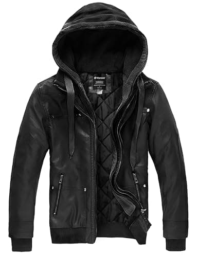 Wantdo Men's Faux Leather Casual Warm Hooded Winter Motorcycle Jacket