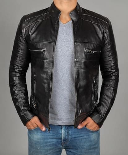 Decrum Men's Black and Brown Leather Motorcycle Jacket