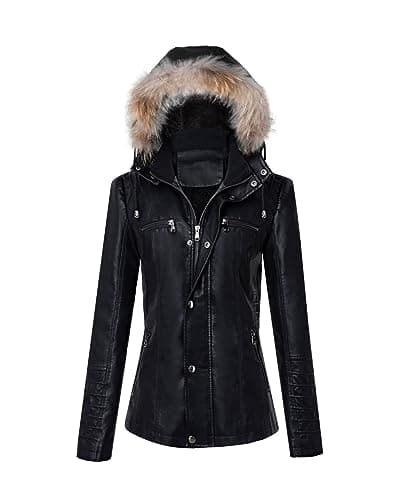 YMADREIG Women's Faux Leather Zip-Up Hooded Moto Jacket