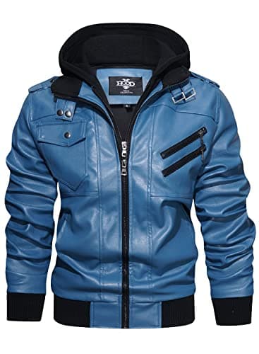 HOOD CREW Men's Casual PU Faux Leather Zip-Up Bomber Jacket with Removable Hood