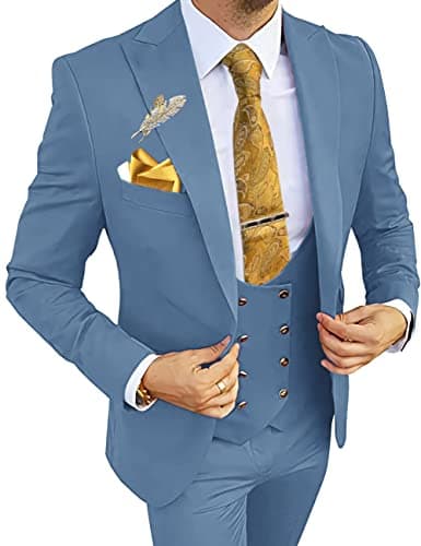 Wangyue Men's 3-Piece Slim Fit Double Breasted Suit for Business, Weddings & Proms