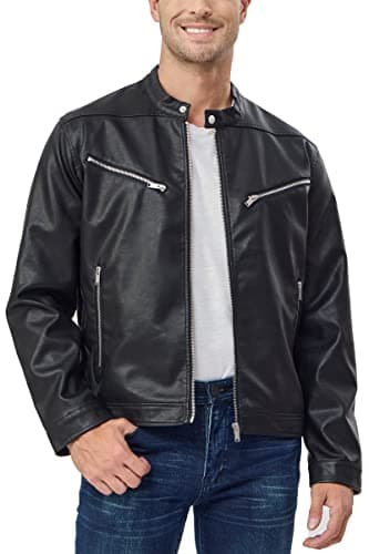 Men's Black Faux Leather Bomber Jacket - Lightweight Slim Fit Motorcycle Coat