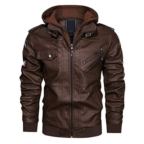 Men's Vintage Motorcycle Biker Jacket with Removable Hood for Fall/Winter