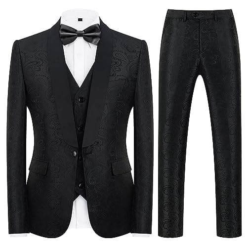 KUDMOL Mens Slim Fit Paisley Tuxedo Suit Prom Night One Button Blazer Vest Pants Set