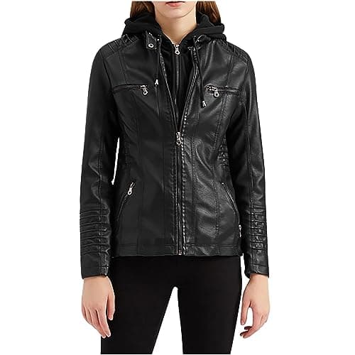 YMADREIG Women's Faux Leather Zip-Up Hooded Moto Jacket