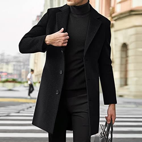 PETCDIM Men's Notched Collar Trench Coat Winter Warm Regular Fit Pea Jacket