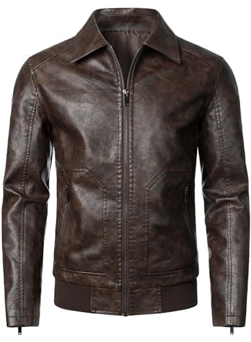 HOOD CREW Men's Faux Leather Bomber Jacket Classic Motorcycle