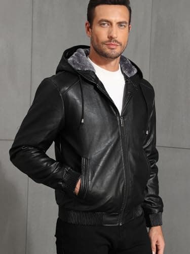 MANSDOUR Men's Warm Black Fleece Lined Motorcycle Jacket with Hood