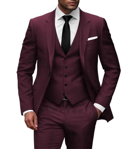 Wangyue Men Slim Fit 3-Piece Solid Wedding Suit Single Breasted Blazer Vest Pants Set