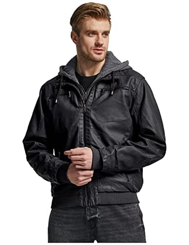 Wantdo Men's Faux Leather Hooded Motorcycle Jacket Warm Winter Coat