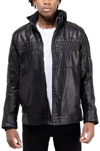 X RAY Men's Hooded PU Leather Jacket, Black, Large