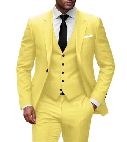 Wangyue Men Slim Fit 3-Piece Solid Wedding Suit Single Breasted Blazer Vest Pants Set