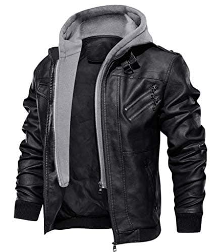 Men's Vintage Motorcycle Biker Jacket with Removable Hood for Fall/Winter
