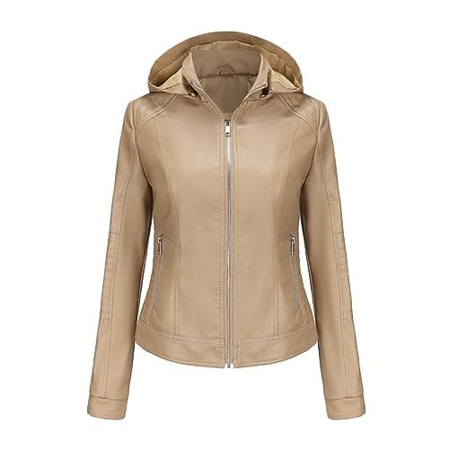 YMADREIG Women's Faux Leather Zip-Up Hooded Moto Jacket