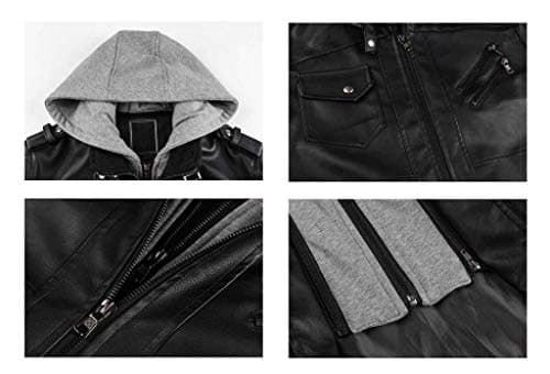 Men's Vintage Motorcycle Biker Jacket with Removable Hood for Fall/Winter