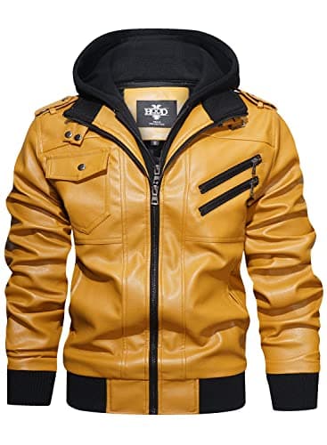 HOOD CREW Men's Casual PU Faux Leather Zip-Up Bomber Jacket with Removable Hood