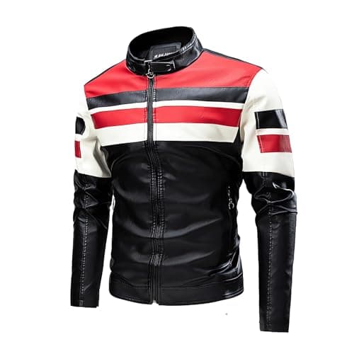 Mens Lightweight Color Block Faux Leather Racing Jacket Stand Collar