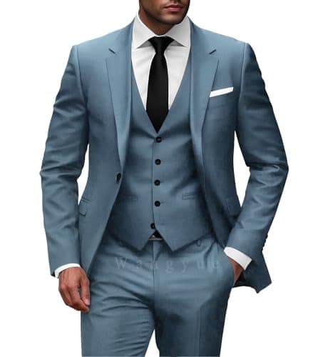 Wangyue Men Slim Fit 3-Piece Solid Wedding Suit Single Breasted Blazer Vest Pants Set