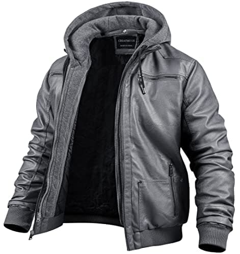 Men's Faux Leather Motorcycle Jacket with Removable Hood