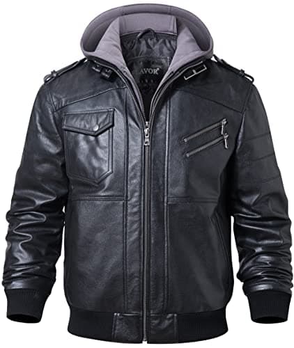Men's Brown Leather Motorcycle Jacket with Removable Hood