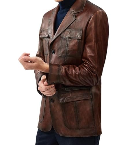 Soft Italian Lambskin Leather Mens Vintage Brown Blazer with Button Closure