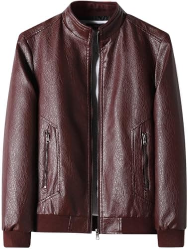 PEGENO Men's Lightweight Stand Collar Faux Leather Motorcycle Jacket