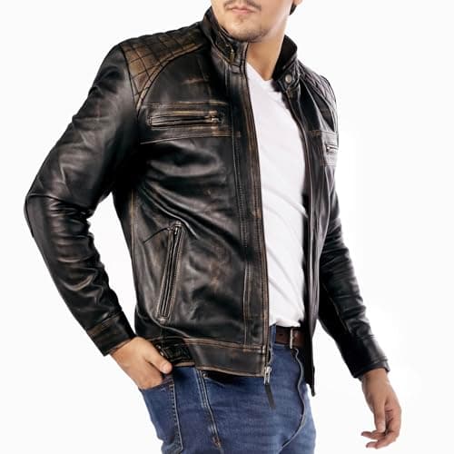 Jild Signature Diamond Style Men's Premium Lambskin Leather Motorcycle Jacket Vintage Look