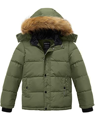 Boys' Winter Waterproof Faux Fur Hood Puffer Jacket