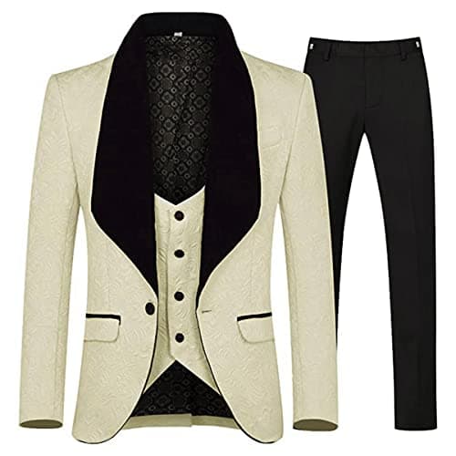 YFFUSHI Men's Slim Fit Jacquard Tuxedo 3-Piece Suit
