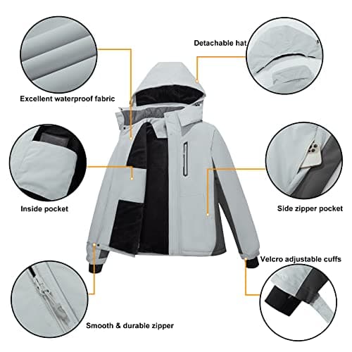 Men's Waterproof Ski Jacket with Detachable Hood and Fleece Lining
