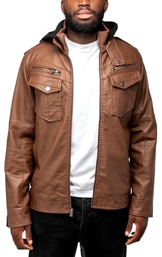 X RAY Men's Hooded PU Leather Jacket, Black, Large