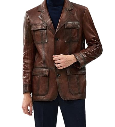 Soft Italian Lambskin Leather Mens Vintage Brown Blazer with Button Closure