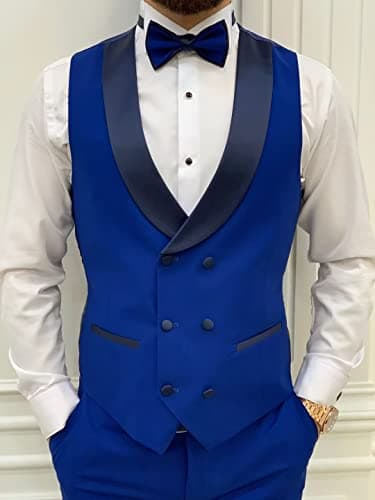 HUUTOE Men's Slim Fit Double Breasted Suit 3-Piece Wedding Prom Business Blazer Vest Pants Tie