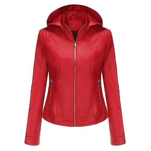 YMADREIG Women's Faux Leather Zip-Up Hooded Moto Jacket