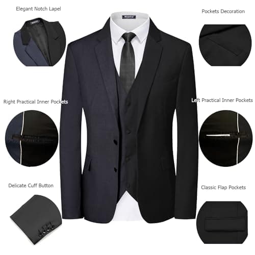 WULFUL Men's Slim Fit 3-Piece Tuxedo Suit Set Black/Grey