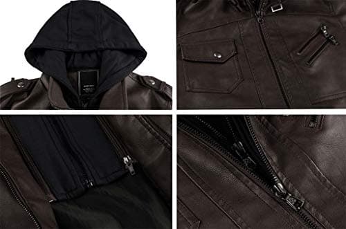 Men's Vintage Leather Motorcycle Jacket with Removable Hood