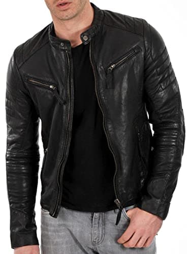DECIMAL Men's Black & Brown Genuine Lambskin Leather Biker Jacket VINTAGE MOTORCYCLE JACKETS