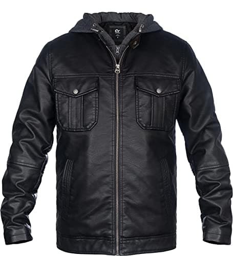 Whattry Men's Padded Faux Leather Windbreaker Jacket with Hood