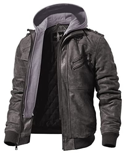 Men's Brown Leather Motorcycle Jacket with Removable Hood
