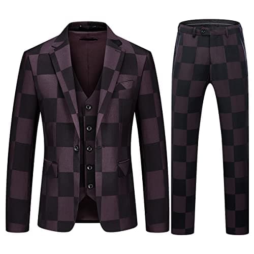 KUDMOL Mens Vintage Plaid Suit 3-Piece Casual Tuxedo for Weddings and Business Parties