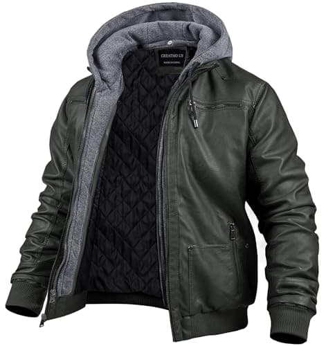 Men's Faux Leather Motorcycle Jacket with Removable Hood