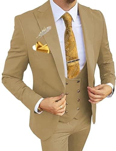 Wangyue Men's 3-Piece Slim Fit Double Breasted Suit for Business, Weddings & Proms