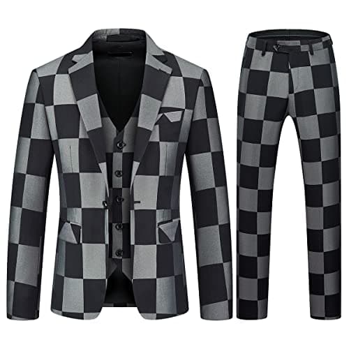 KUDMOL Mens Vintage Plaid Suit 3-Piece Casual Tuxedo for Weddings and Business Parties