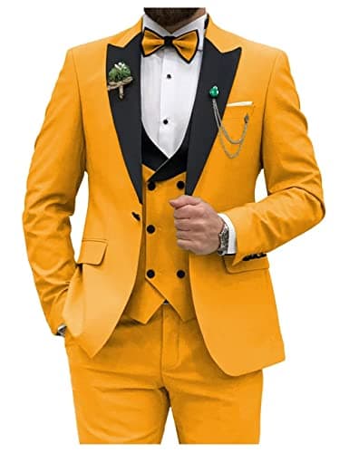 HUUTOE Men's Slim Fit Double Breasted Suit 3-Piece Wedding Prom Business Blazer Vest Pants Tie