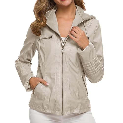 YMADREIG Women's Faux Leather Zip-Up Hooded Moto Jacket