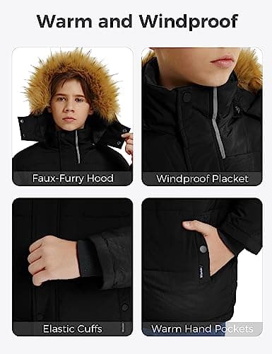 Boys' Winter Waterproof Faux Fur Hood Puffer Jacket