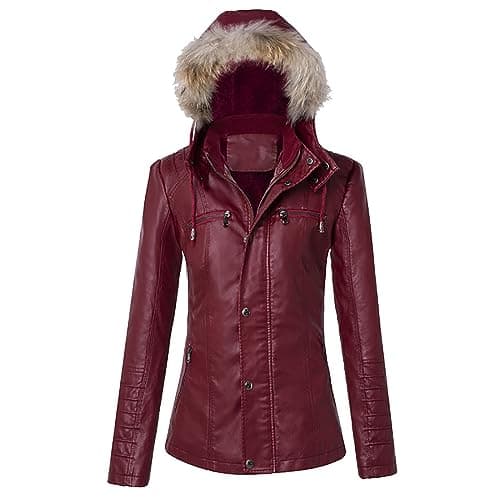 YMADREIG Women's Faux Leather Zip-Up Hooded Moto Jacket