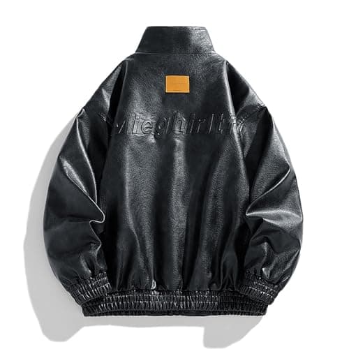 Men's Motorcycle Leather Jacket with Stand Collar and Pockets